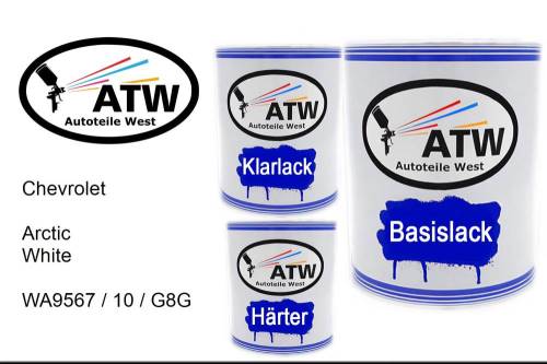 Chevrolet, Arctic White, WA9567 / 10 / G8G: 1L Lackdose + 1L Klarlack + 500ml Härter - Set, von ATW Autoteile West.